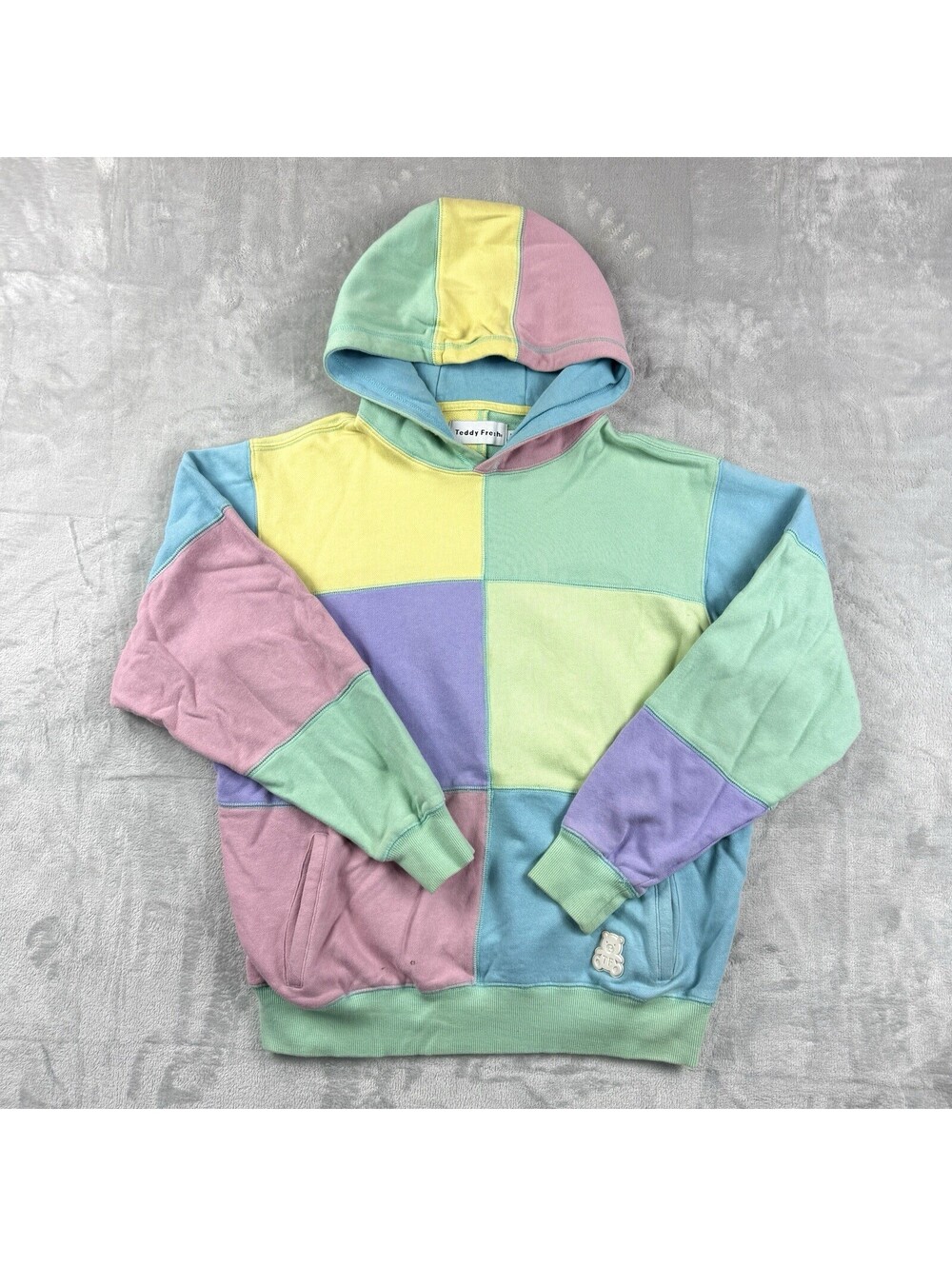Teddy Fresh Unisex Colorblock Patchwork Hoodie Medium Pastel Rainbow Skater Cute